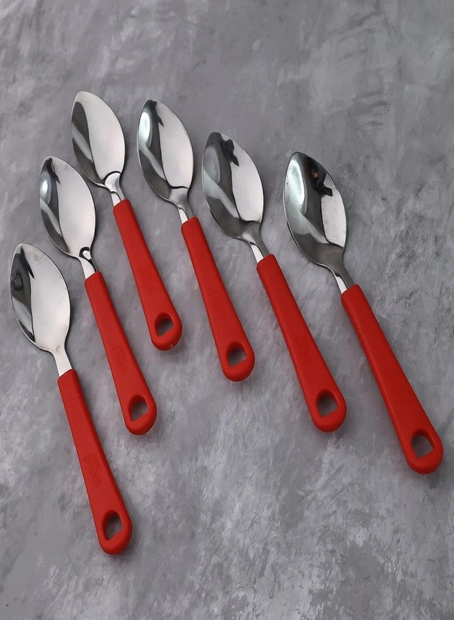 SUPERMOM Spoon Set for Kitchen 6 Pc - Stainless Steel Spoons with Plastic Handle - Baby Feeding & Kids Cutlery - Durable, Rust-Resistant, Dining Spoon Set for Home Kitchen, Dinning & Daily Use (Red) - Image 1